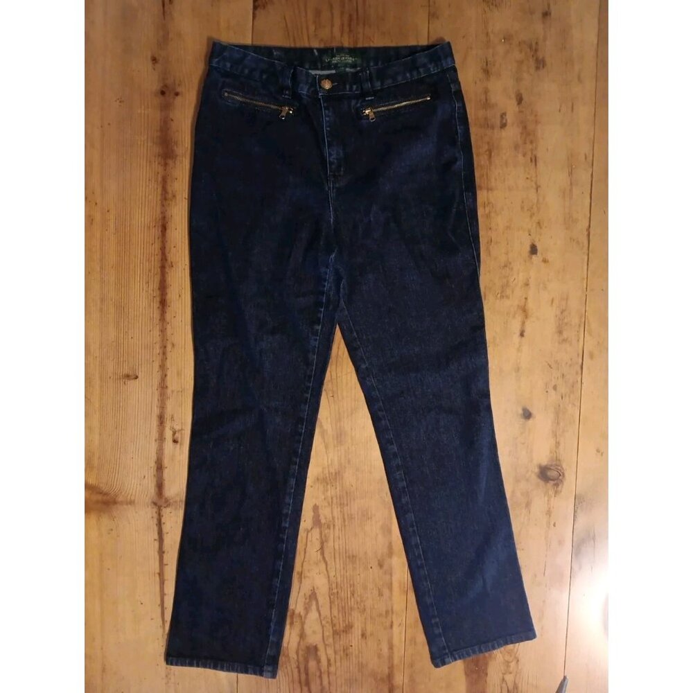 Lauren Jean Co Ralph LRL Women 8 Classic Straight Blue Denim Trousers Zip Pocket - Picture 2 of 5